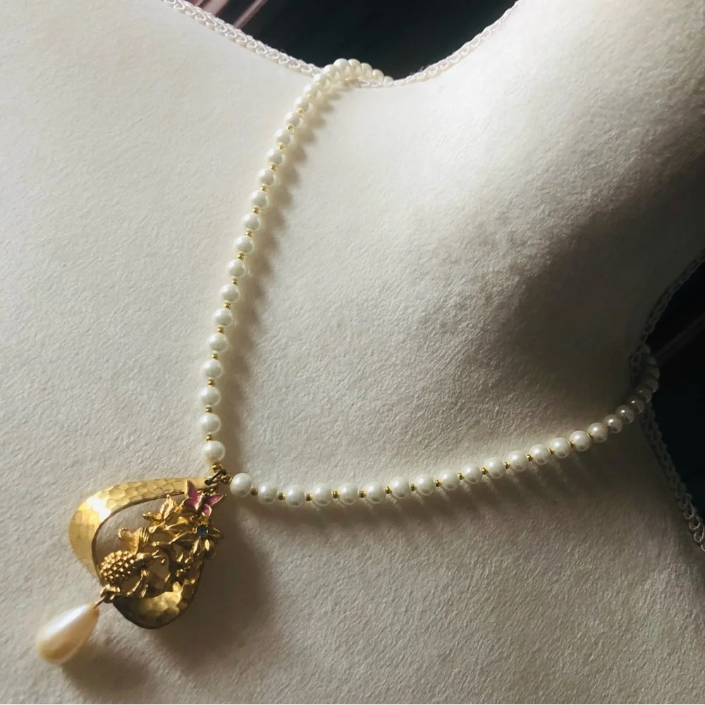 Handcrafted repurpose hammered gold floral pendant Czech glass Pearl necklace
